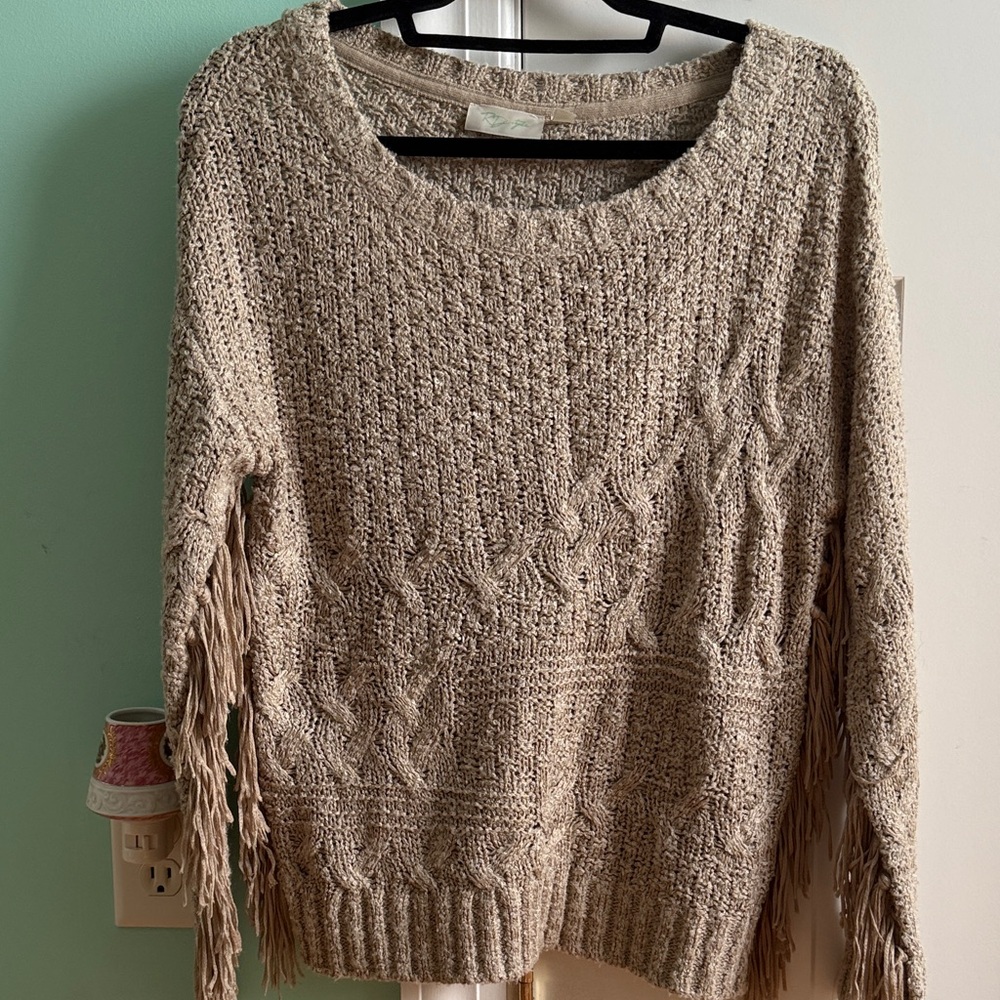 RD Style Cozy Beige Knit Sweater with Fringe Accents